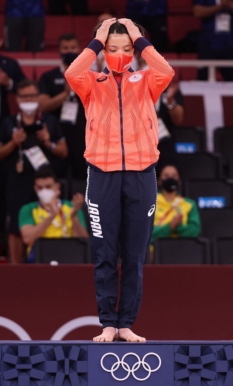 Uta Abe of Team Japan poses with the gold medal at Tokyo Olympics 2020