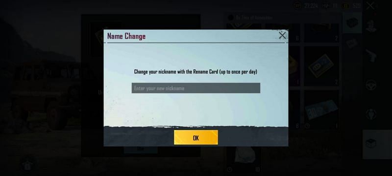 Fill the name and tap OK to confirm (Image via Battlegrounds Mobile India)