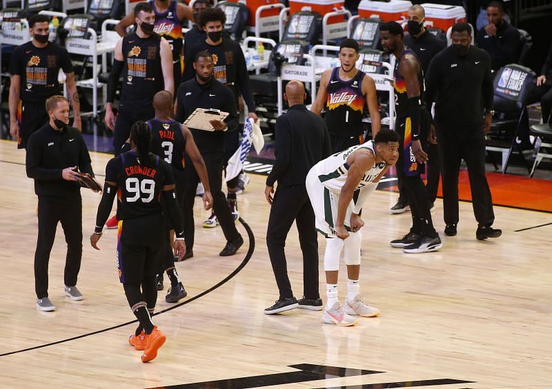A dejected Giannis Antetokounmpo #34 looks on
