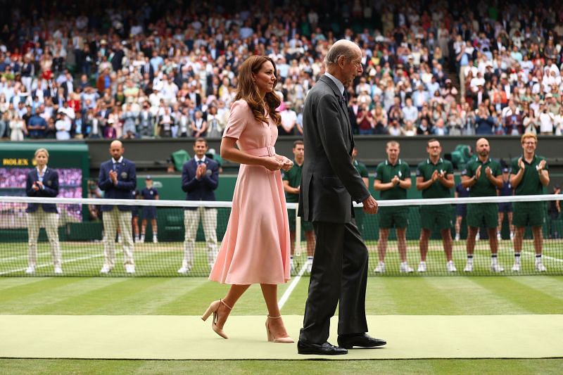 The Duchess of Cambridge and Duke of Kent during the presentation ceremony