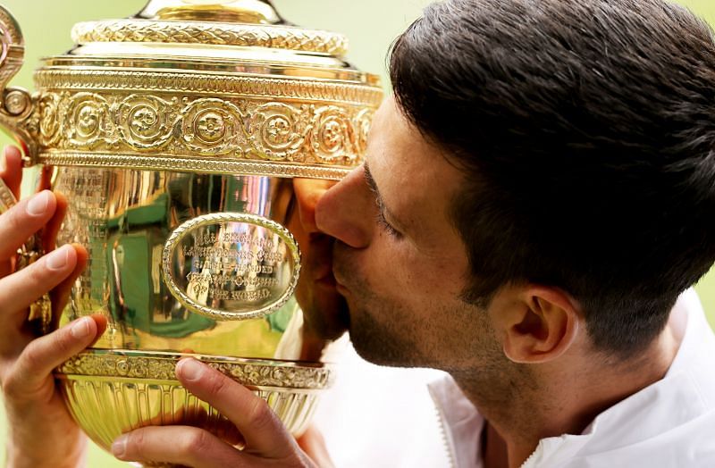 Novak Djokovic with his Wimbledon 2021 trophy.