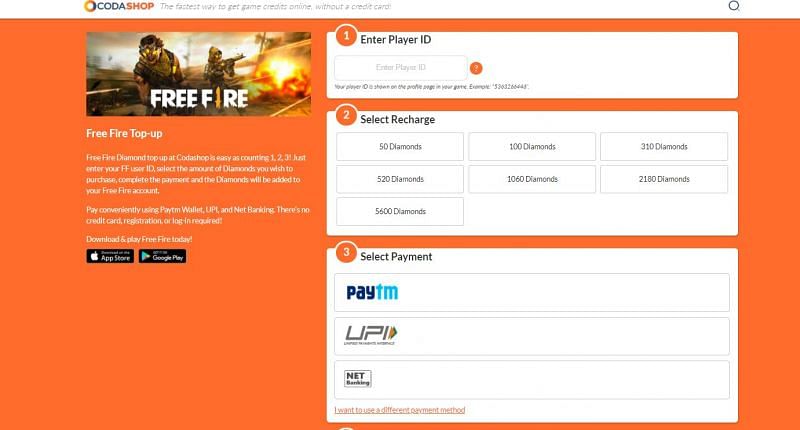 Enter the Player ID and select the recharge and payment option