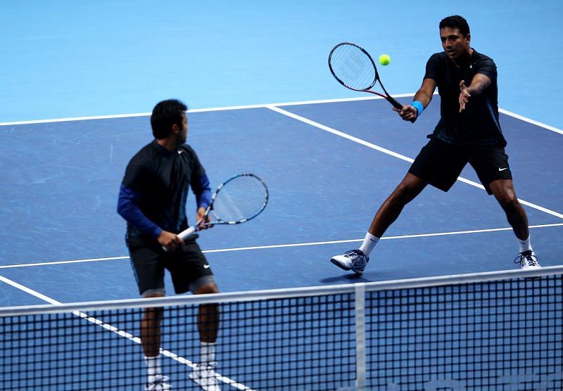 Mahesh Bhupathi and Leander Paes at the ATP World Tour Finals at the O2 Arena in November, 2011
