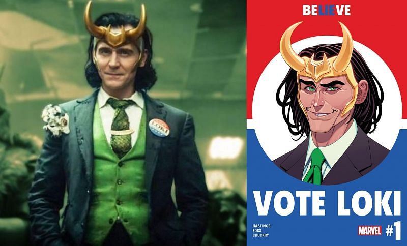 President Loki in Episode 5, and President Loki in the comics (Image via: Disney +/ Marvel / Marvel Comics)