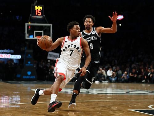 Kyle Lowry of the Toronto Raptors against Spencer Dinwiddie of the Brooklyn Nets