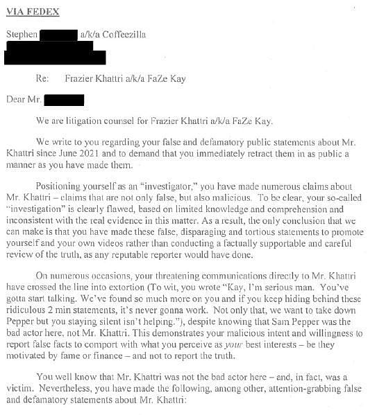 A part of the legal letter that Kay has slapped Coffeezilla with (Image via imgur)