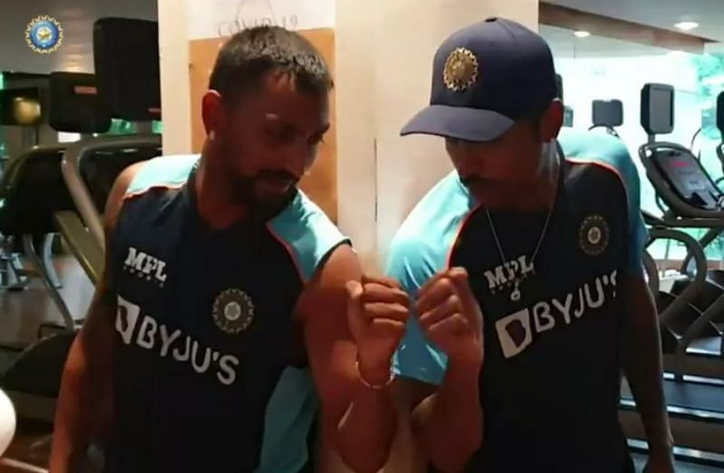 Krunal Pandya (L) &amp; Hardik Pandya face off in a gym challenge. Pic Credits: BCCI