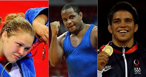 Ronda Rousey (left), Daniel Cormier (center), and Henry Cejudo (right)