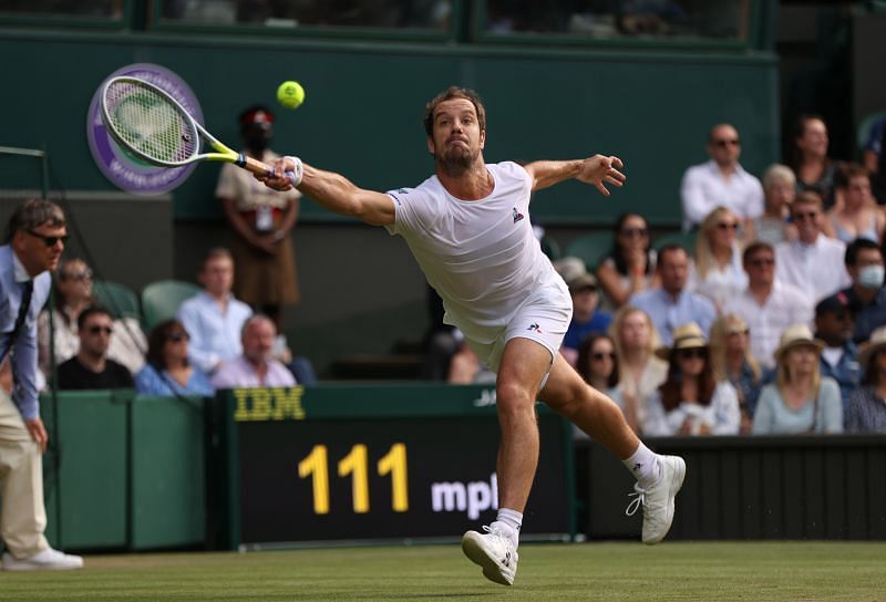 Richard Gasquet in action against Roger Federer at Wimbledon this year