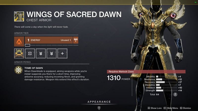 Destiny 2 exotic armor Wings of sacred dawn (img source via destiny 2 the game)