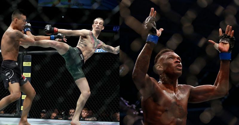 Sean O&#039;Malley lands a kick (left); Israel Adesanya (right)