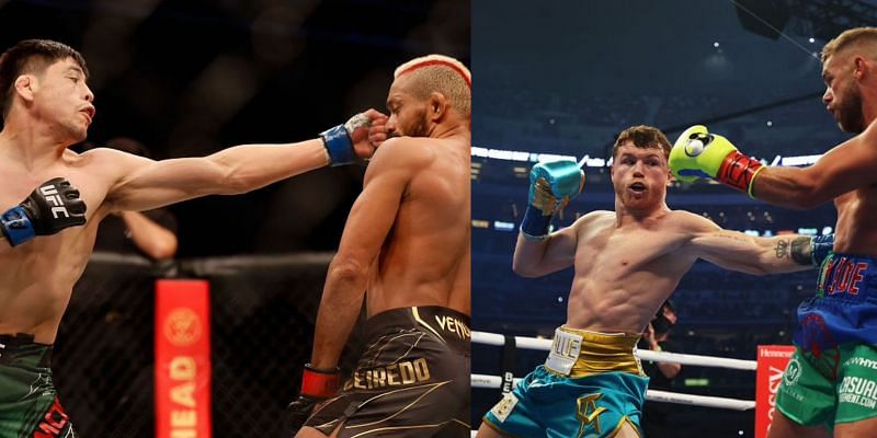 Brandon Moreno punching Deiveson Figueiredo (left) and Canelo Alvarez punching Billy Joe Saunders (right)