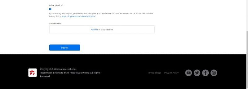 Submit button (Image via Free Fire Help Center)