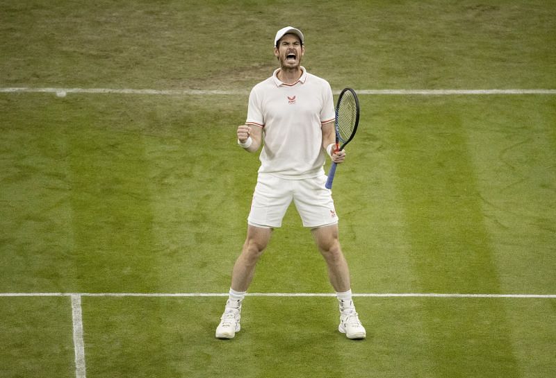 Andy Murray exults after his second-round win over Oscar Otte at Wimbledon