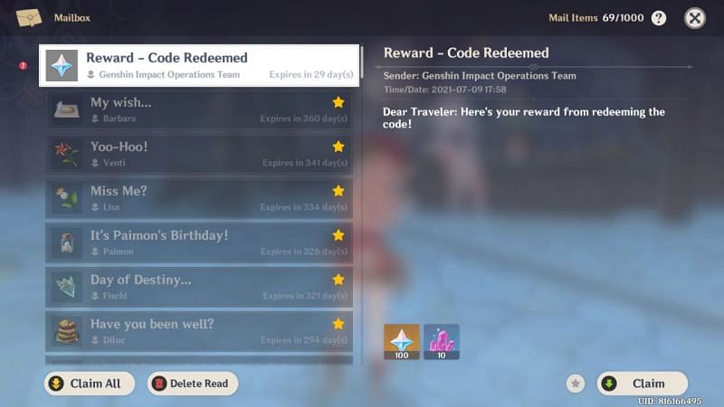 Code redeemed: The 300 Primogems can be collected from mail