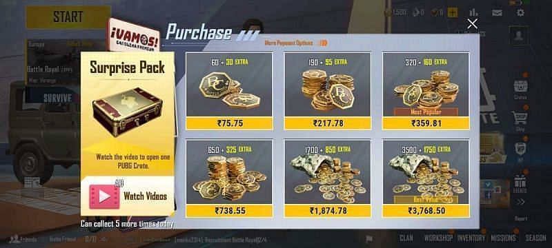 Top-up options in-game (Image via PUBG Mobile Lite)