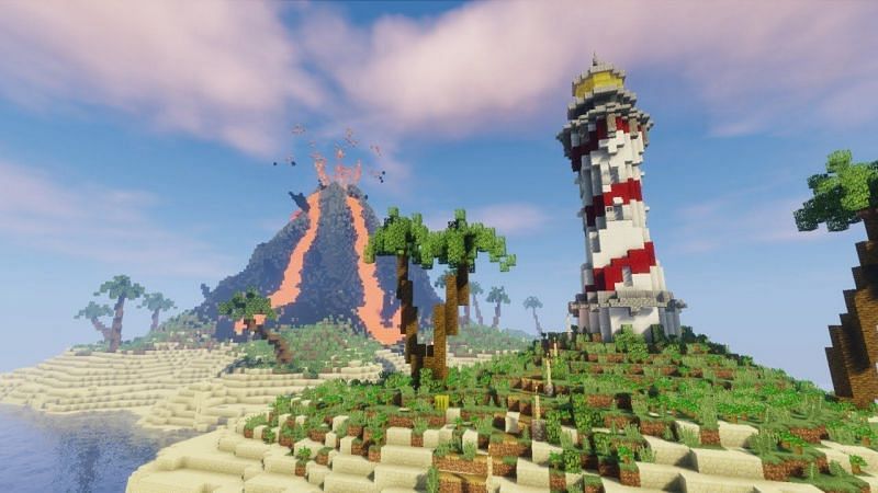 A massive erupting volcano about to destroy a lighthouse in Minecraft (Image via GeminiTay on YouTube)