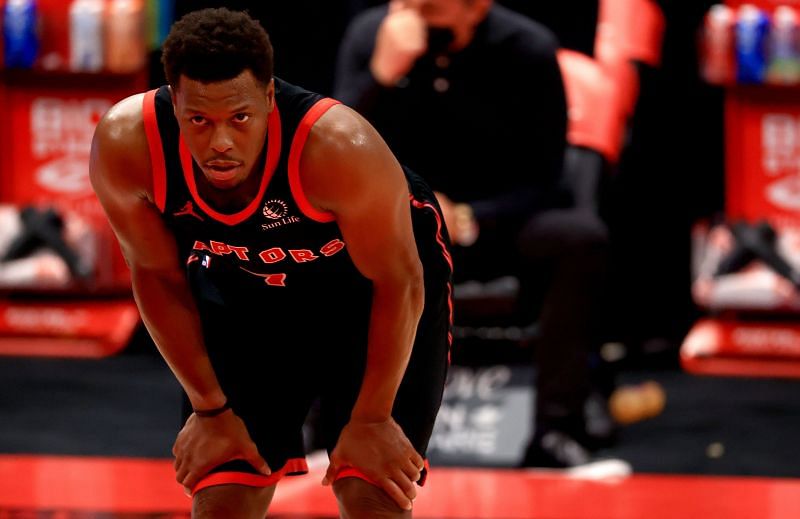 Kyle Lowry #7 of the Toronto Raptors looks on during a game against the Phoenix Suns