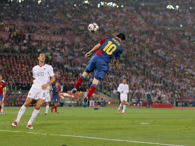Lionel Messi (right) scored a rare headed goal in the 2009 Champions League final