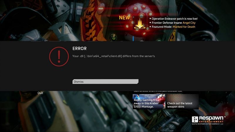 Your.dll [..\bin\x64_retail/client.dll] differs from the server&#039;s. (Image via Titanfall 2/Respawn Entertainment)