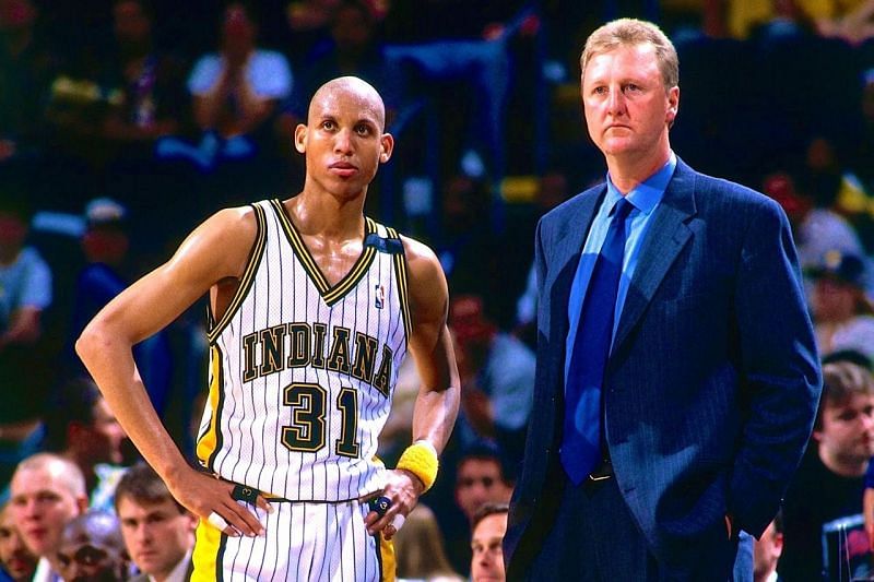 Reggie Miller and head coach Larry Bird.