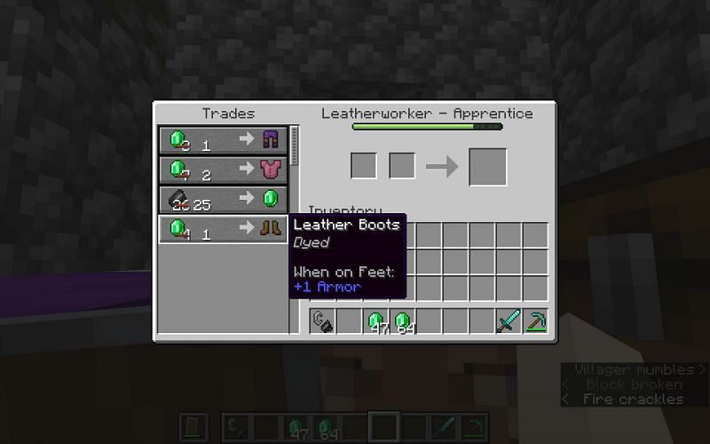 Potential trades from an apprentice level leatherworker (Image via Minecraft)