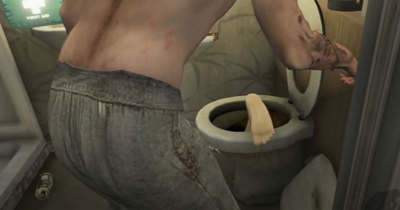 Trevor Philips pushing a leg down a toilet (Image via Clever Musings)