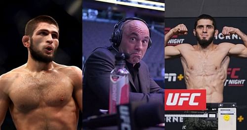 Khabib Nurmagomedov (left), Joe Rogan (center) & Islam Makhachev (right)