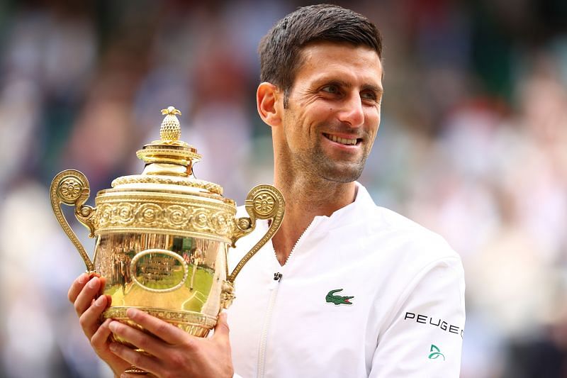 Novak Djokovic with the Wimbledon 2021 trophy