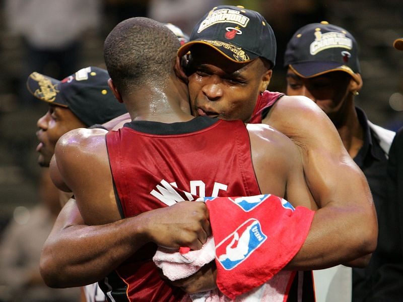 Antoine Walker (#8) hugs Dwyane Wade (#3) of the Miami Heat after the Heat won the 2006 NBA Finals.