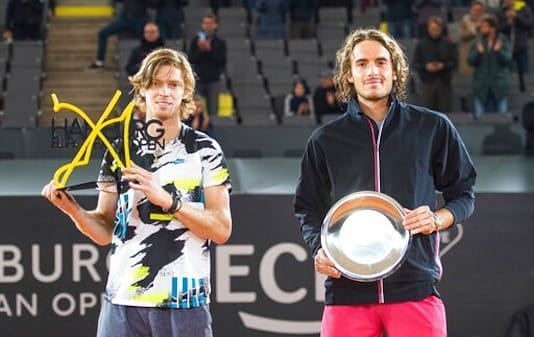 Stefanos Tsitsipas (right) fell to Andrey Rublev in the Hamburg final last year.