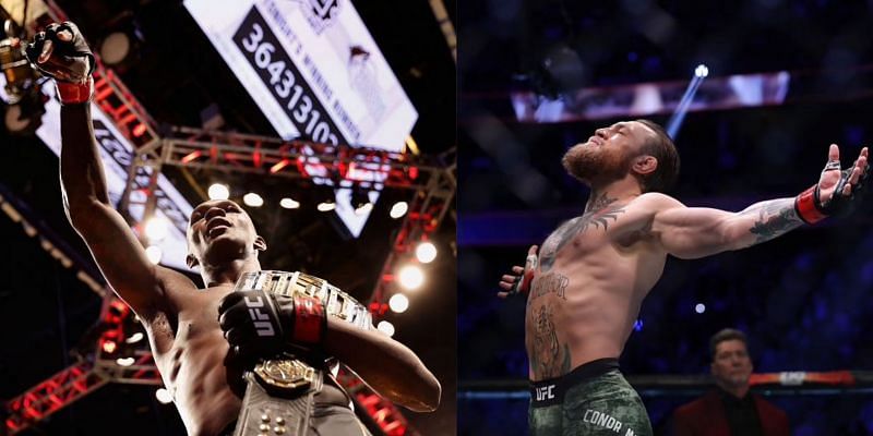 Israel Adesanya after beating Marvin Vettori (left) and Conor McGregor (right) via Getty Images