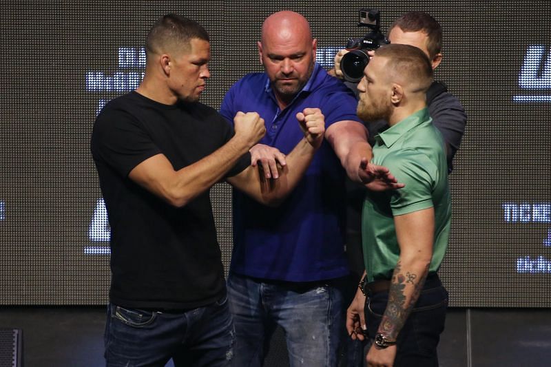 Conor McGregor and Nate Diaz at the ceremonial face-off ahead of UFC 202