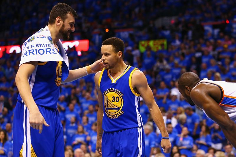 Andrew Bogut and Stephen Curry of the Golden State Warriors