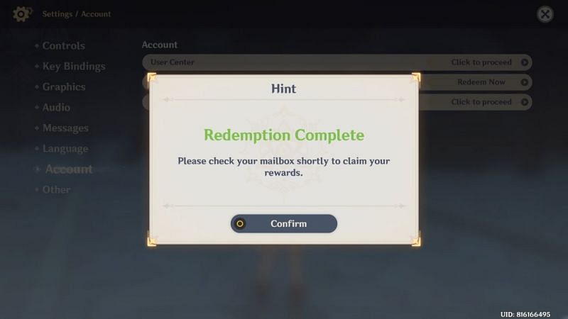 Genshin Impact Redeem code redemption successful