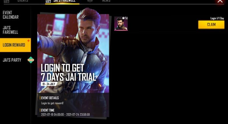 The trial can be claimed by the players (Image via Free Fire)