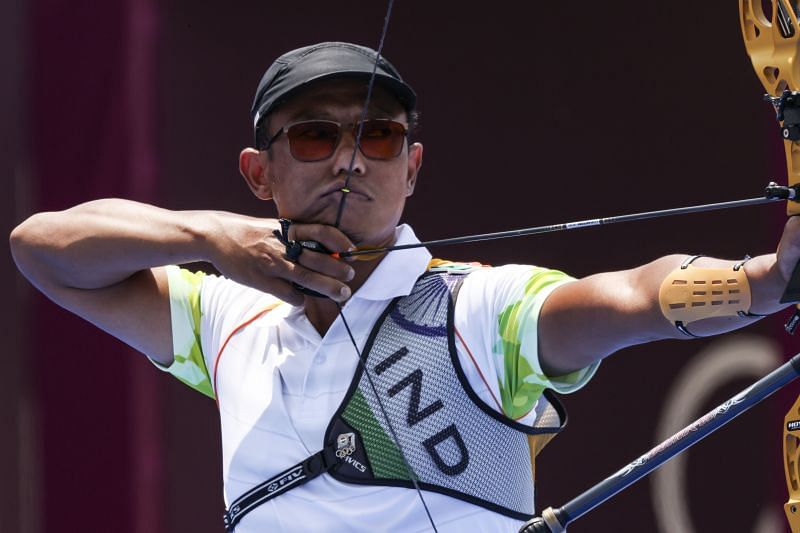 Tarundeep Rai of Team India competes in the archery Men's Individual 1/16 Eliminations on day five of Olympics 2021