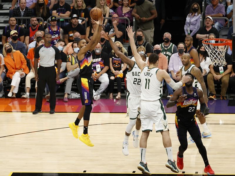 Mikal Bridges #25 of the Phoenix Suns shoots against the Milwaukee Bucks during the second half in Game Five of the NBA Finals