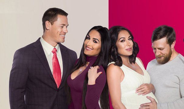 The Bella Twins with their partners at the time John Cena and Daniel Bryan