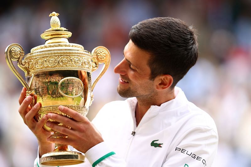 Novak Djokovic with the Wimbledon 2021 trophy