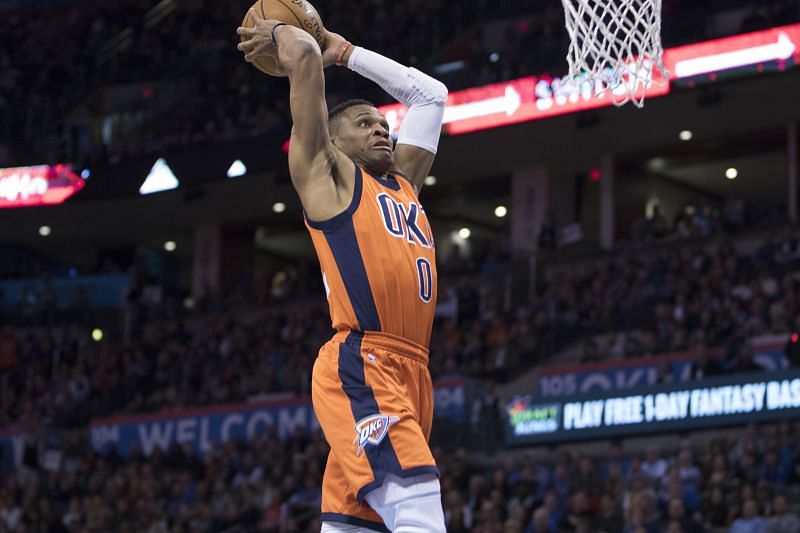 Russell Westbrook (#0) dunks two points against the Grizzlies.
