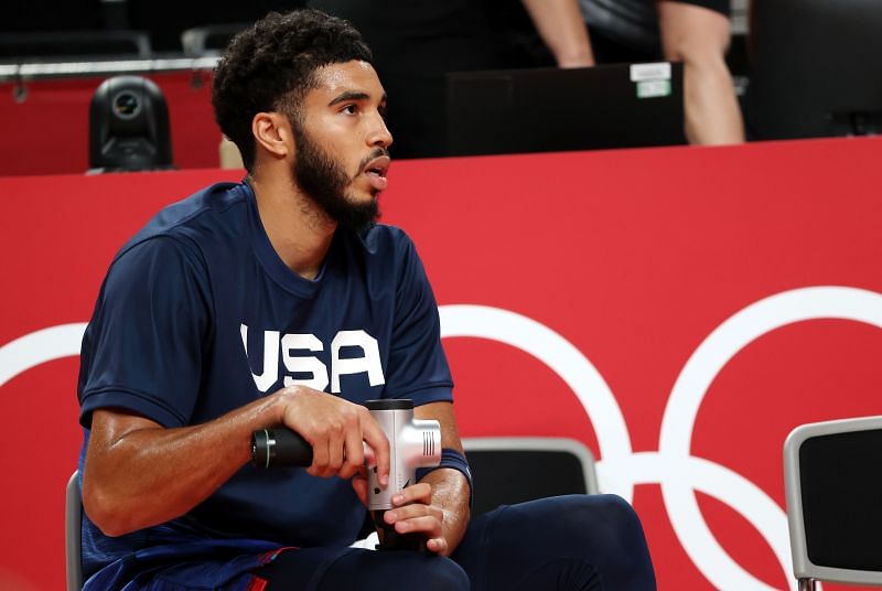 Jayson Tatum looks on during the Spain vs United States Men&#039;s Basketball game - Olympics: Day 11