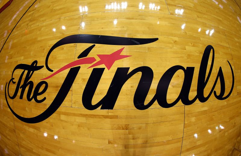 The NBA Finals logo is seen on the court before Game Seven of the 2013 NBA Finals