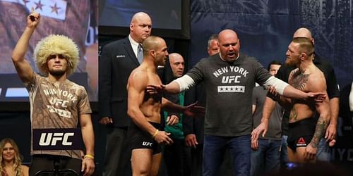 Khabib Nurmagomedov (left); Eddie Alvarez and Conor McGregor at weigh-ins (right)