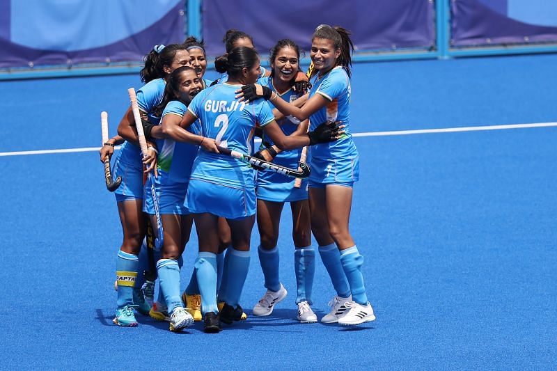 Team India celebrates scoring the first goal with teammates during the Women&#039;s Quarterfinal match between Australia and India on day ten of the Tokyo 2020 Olympic Games