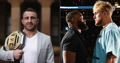 Alex Volkanovski (left) and Tyron Woodley & Jake Paul (right)