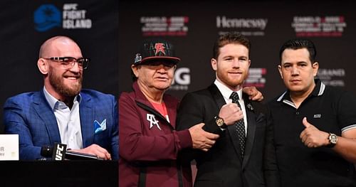 Conor McGregor (left); Jose Reynoso, Canelo Alvarez and Eddy Reynoso (right)