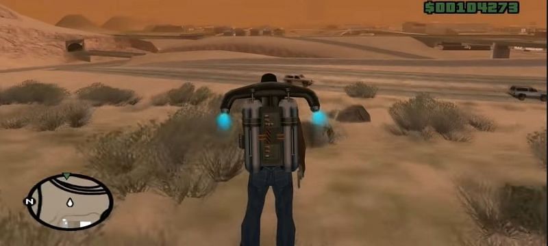 CJ using a jetpack in GTA San Andreas (Image via Rockstar Games)