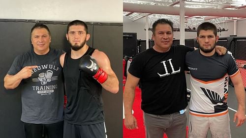 Javier Mendez with his star pupils Islam Makhachev (left) and Khabib Nurmagomedov (right) [Images Courtesy: @khabib_nurmagomedov & @akajavi on Instagram]