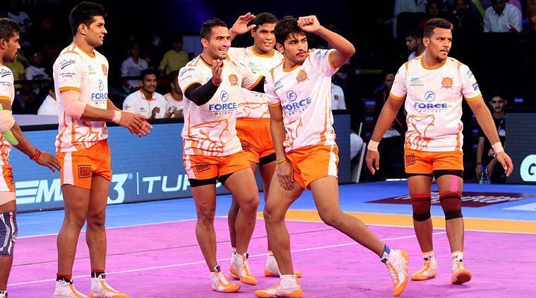 Puneri Paltan players after a successful raid